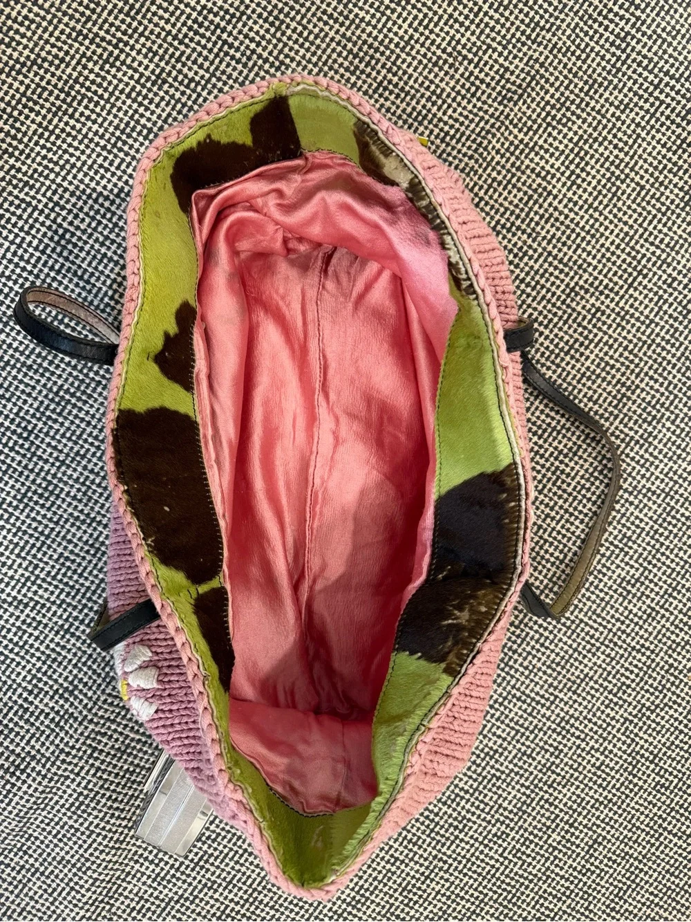 Authentic Vintage Fendi Pink Floral Knit Tote with Pony hair details